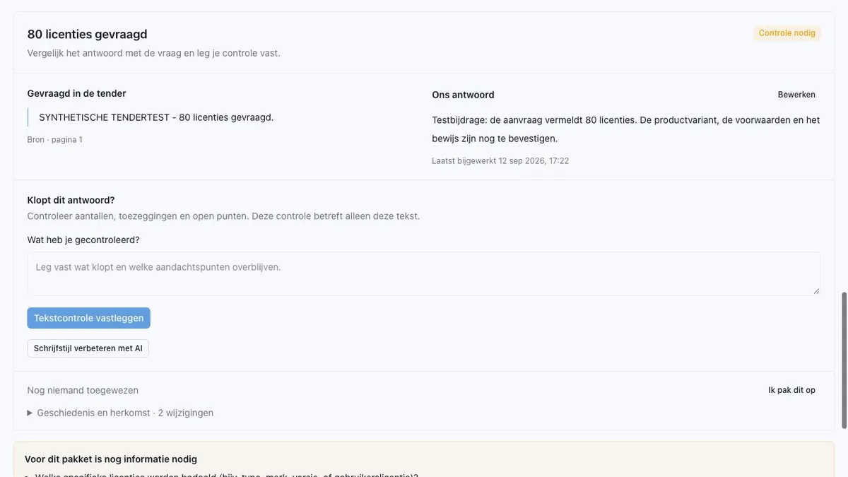 Actual Sales Workspace screen reviewing a synthetic tender requirement