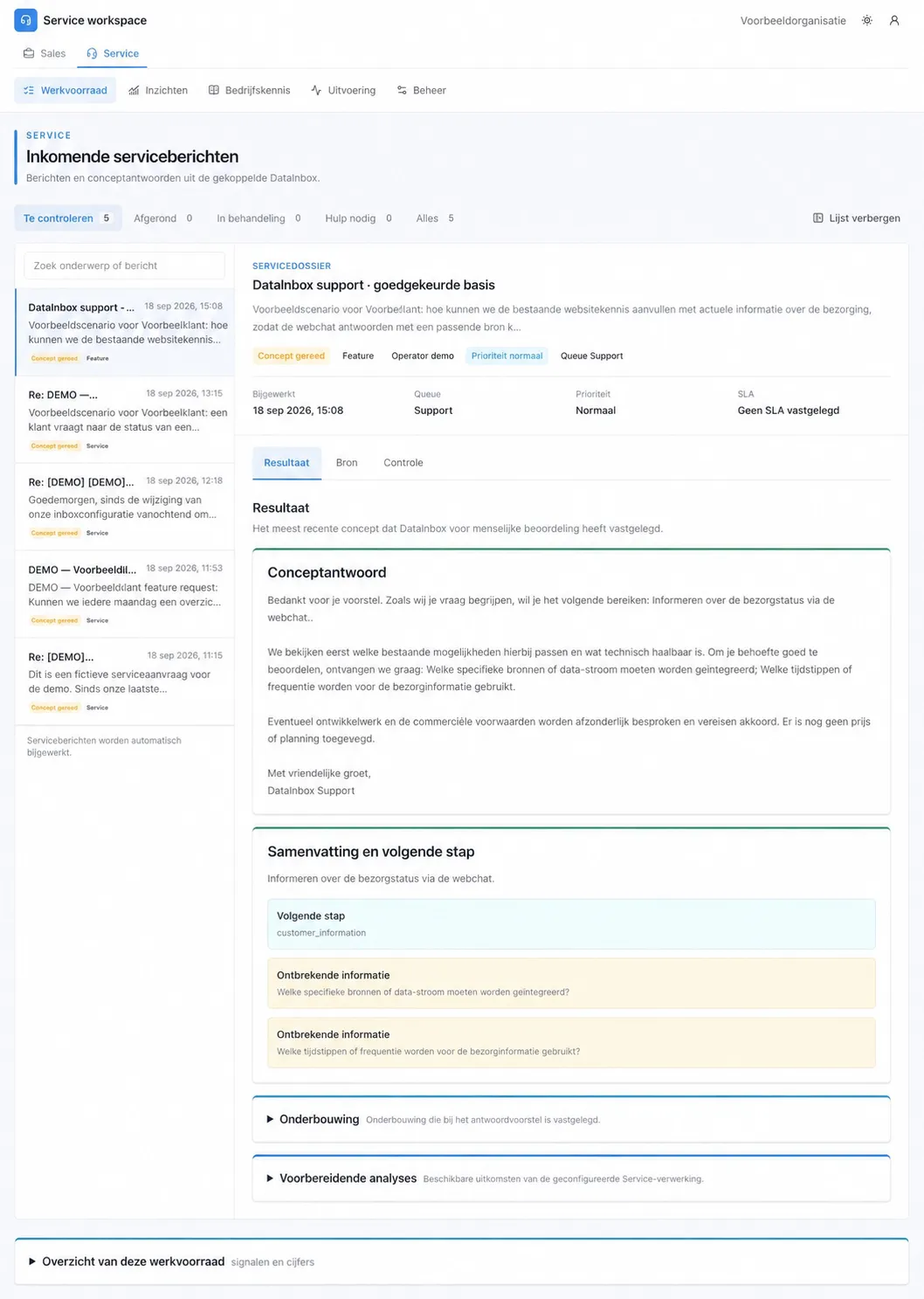 Anonymised Service Workspace web screen with service queue and prepared answer