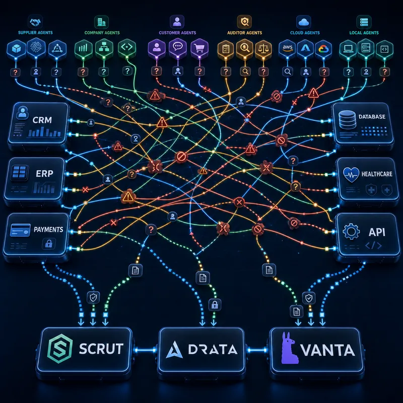 Supplier, company, customer, auditor, cloud and local agents connect directly to CRM, ERP, payments, databases, healthcare and APIs without one control point; Scrut, Drata and Vanta receive evidence below